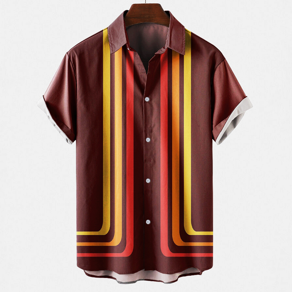 Men's Vintage Retro Striped Co - Short Sleeve Bowling Shirt Retro review and price